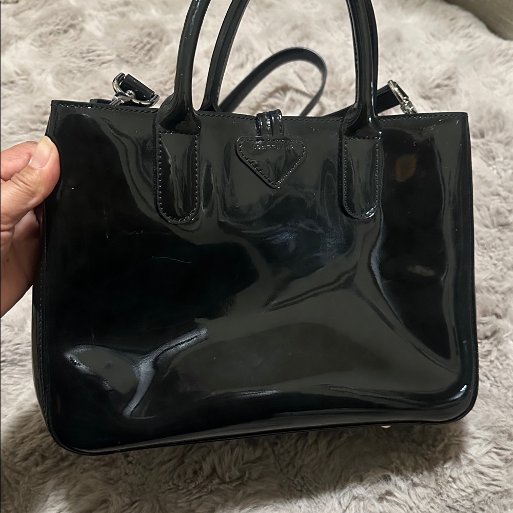 Longchamp Black Patent Leather Satchel bag purse crossbody handbag chic cbk - Picture 3 of 11